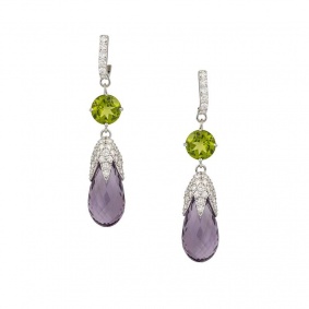 18k White Gold Diamond, Peridot and Amethyst Drop Earrings